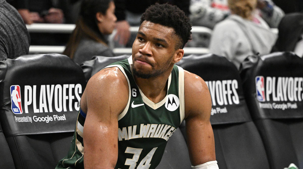 Milwaukee Bucks forward Giannis Antetokounmpo sits on the bench after the Bucks are eliminated from the 2023 playoffs.